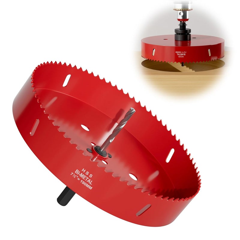 FIVELAKE 7-1/2" (190mm) Bi-Metal M42 High Speed Steel Hole Saw with Pilot Drill Bit, Smooth Cutting Edge for PVC, Drywall, Wood, Plastic, Gypsum Board, Rubber, Thin Metal - Image 1